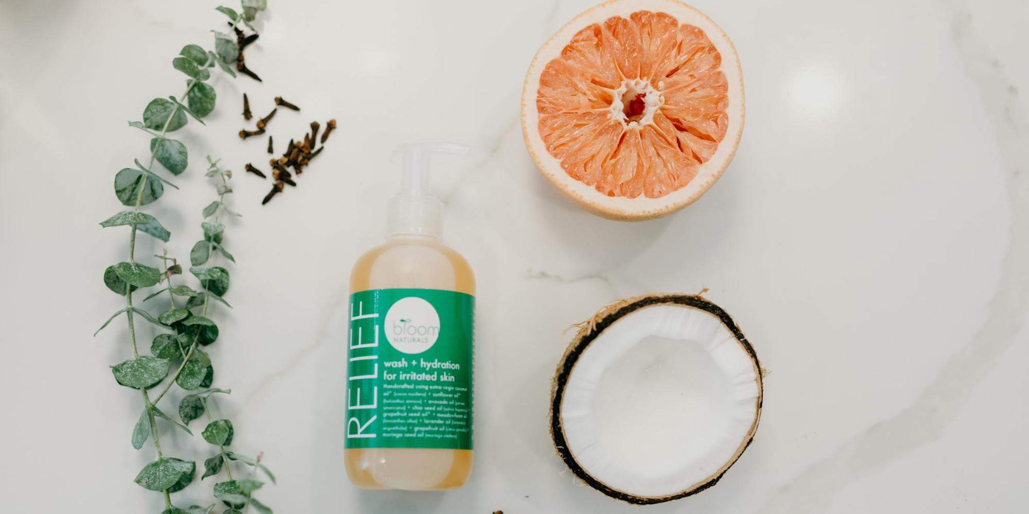 Our product Relief and its ingredients sitting on the counter will purify skin by cleaning like you haven't had before.