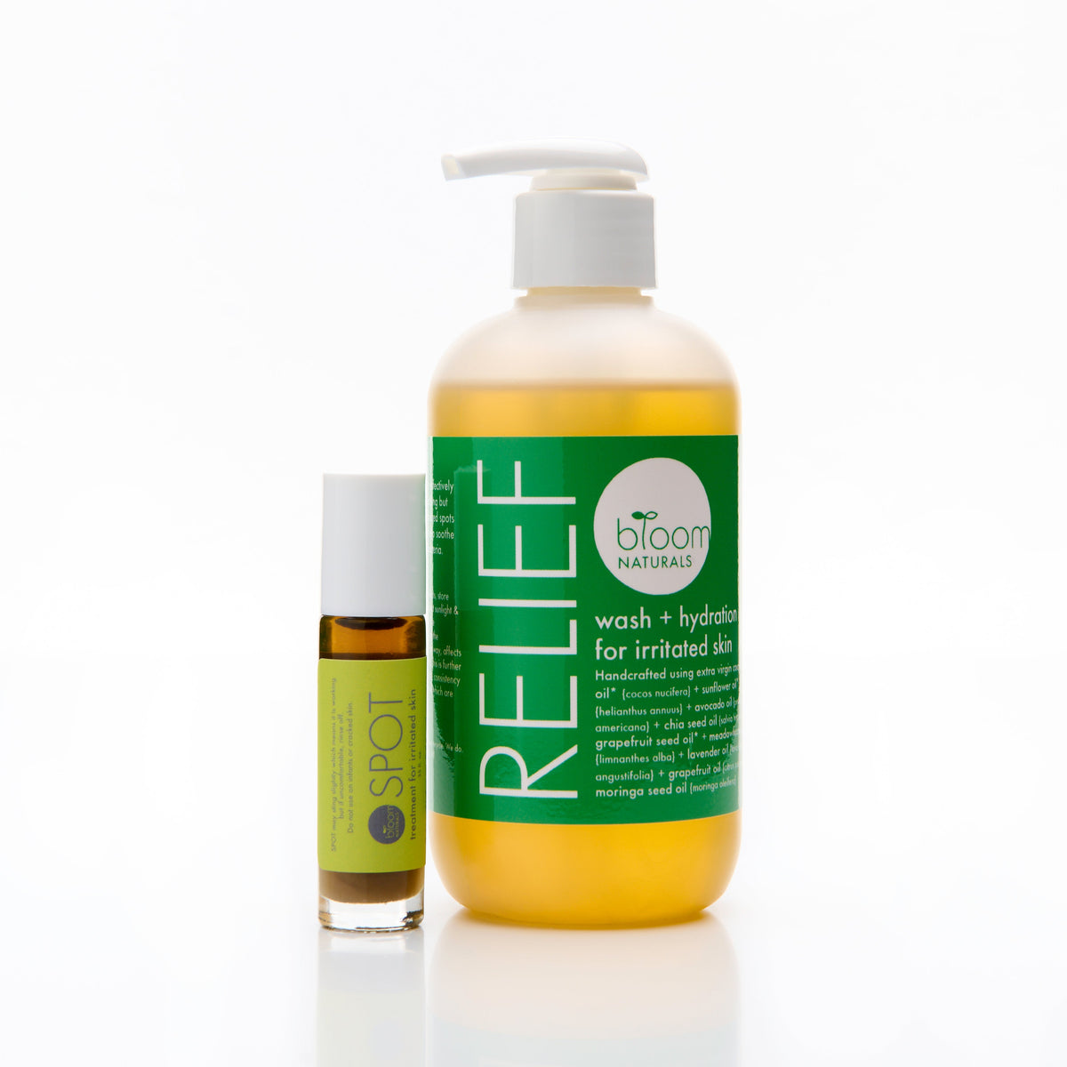 Bloom Naturals The Cure E system featuring a large pump bottle of Relief wash and a small Spot treatment roller